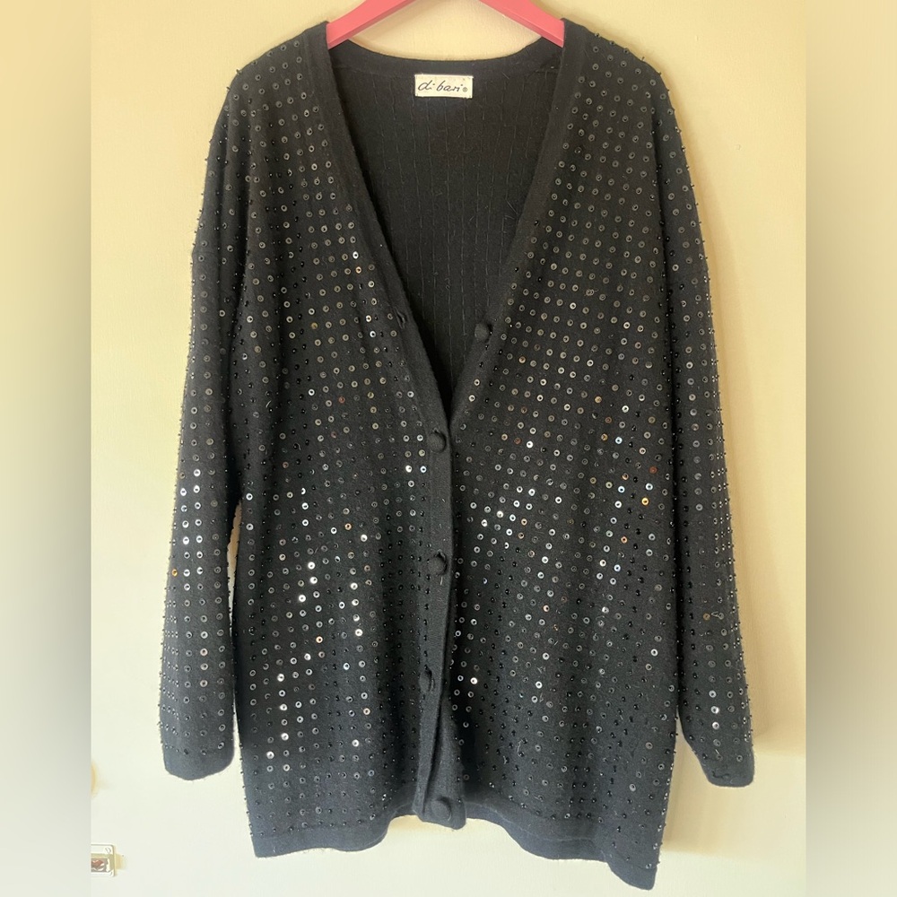 Vintage 80s 90s black sequin di bari wool angora cardigan sweater knit